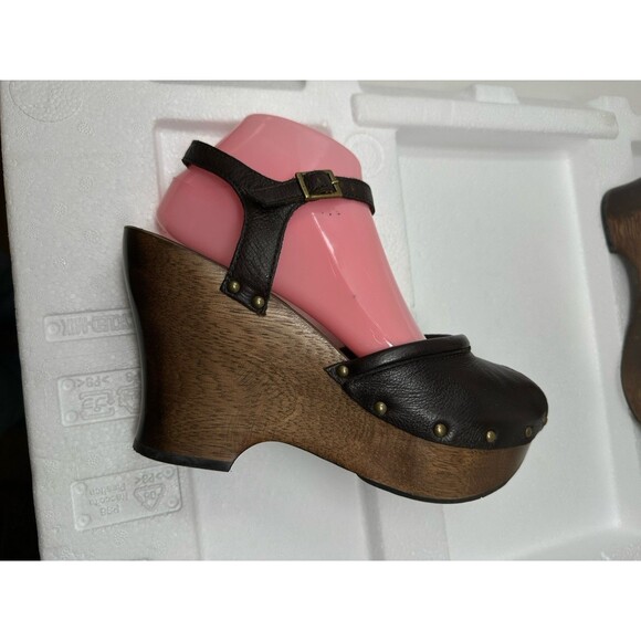 Mia Womens 9 Studed Clogs Sandals Black Leather Wood Heel Peep Toe - Picture 2 of 10